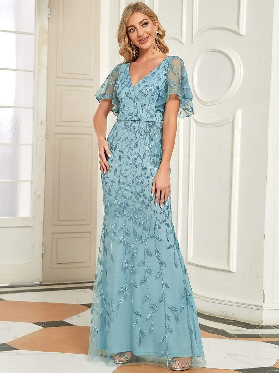 Shiny V Neck Leaf-Sequined Bodycon Formal Evening Dresses #color_Light Teal