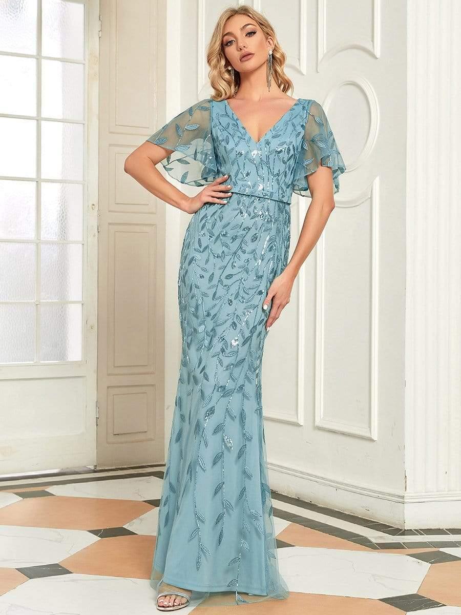 Shiny V Neck Leaf-Sequined Bodycon Formal Evening Dresses #color_Light Teal