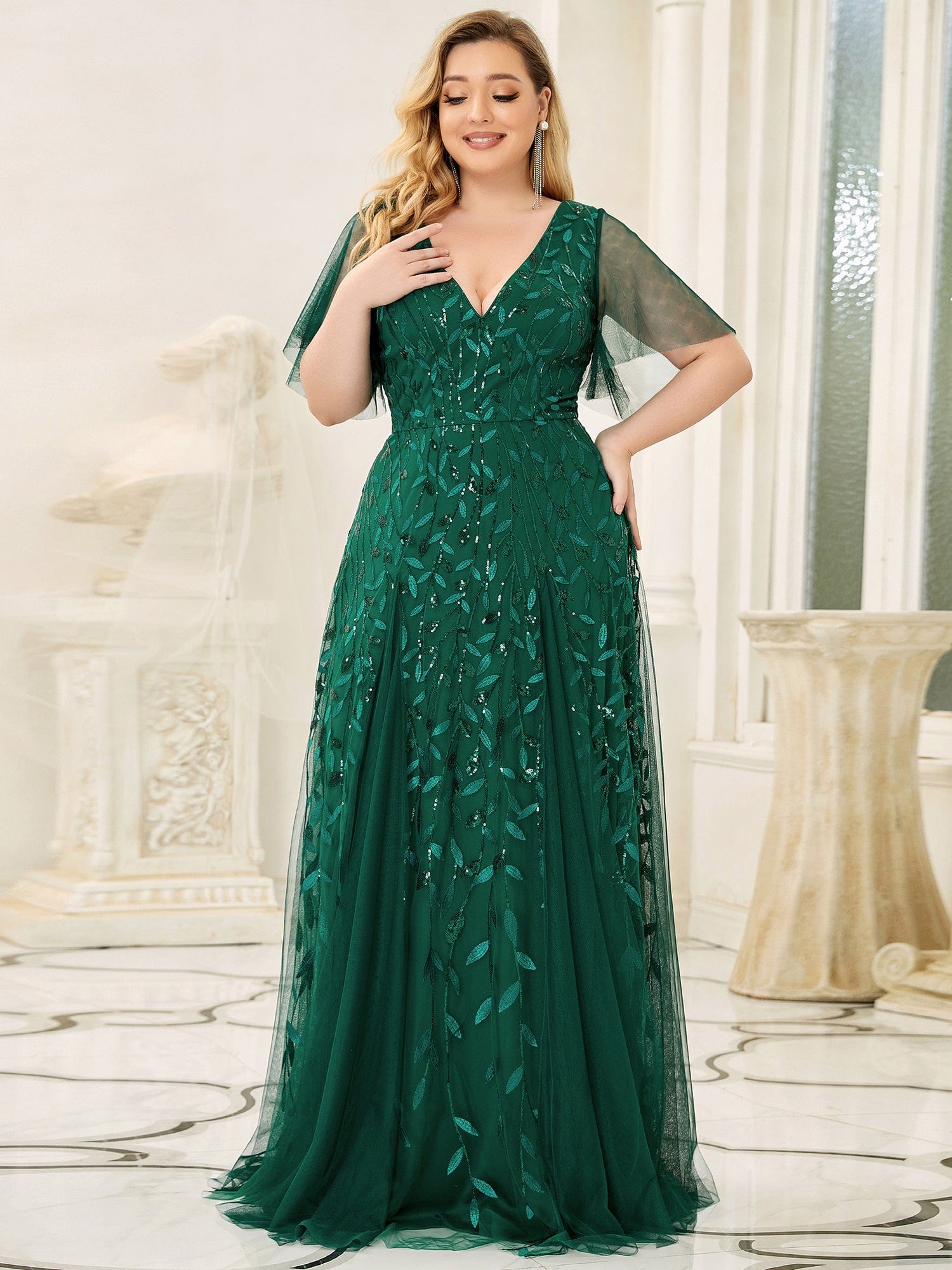 Custom Size V Neck Ruffle Sleeves Sequin Maxi Evening Dress #color_Dark Green