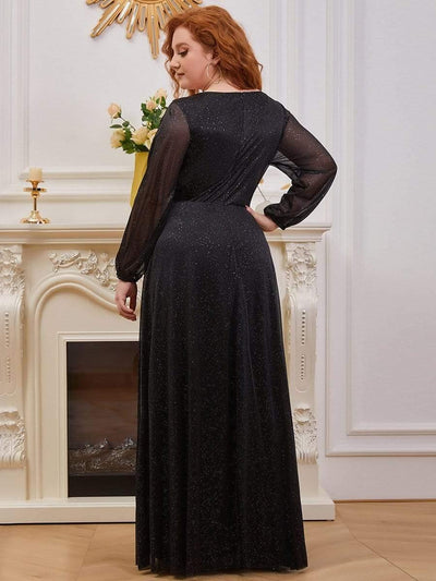 Plus Size V-Neck Shiny Puff Sleeve Evening Dress for Women #color_Black