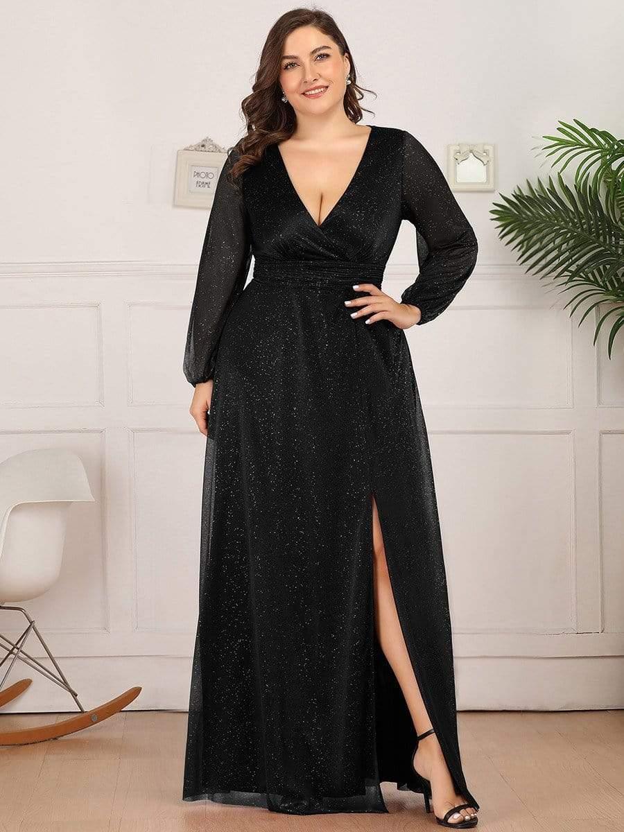 Women's Sexy Long Sleeve V-Neck Shiny Evening Dress #color_Black