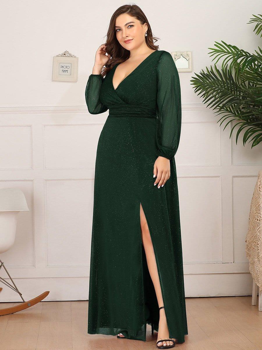 Women's Sexy Long Sleeve V-Neck Shiny Evening Dress #color_Dark Green