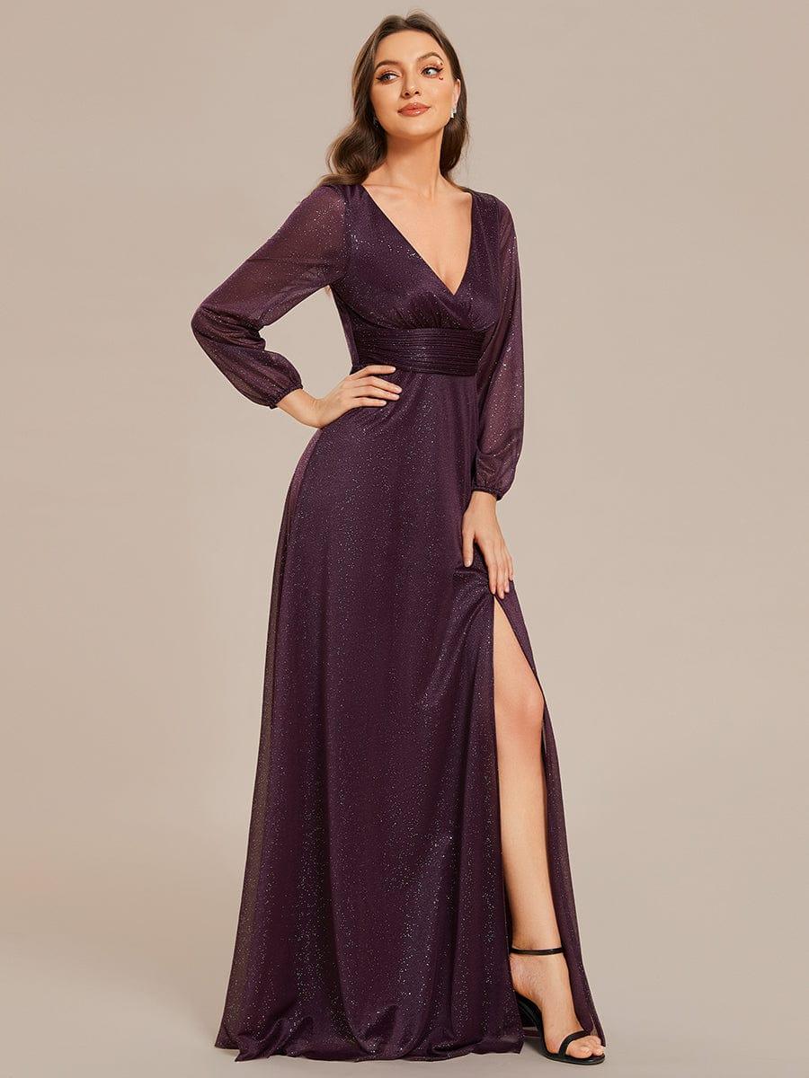 Women's Sexy Long Sleeve V-Neck Shiny Evening Dress #color_Black Women's Sexy Long Sleeve V-Neck Shiny Evening Dress
