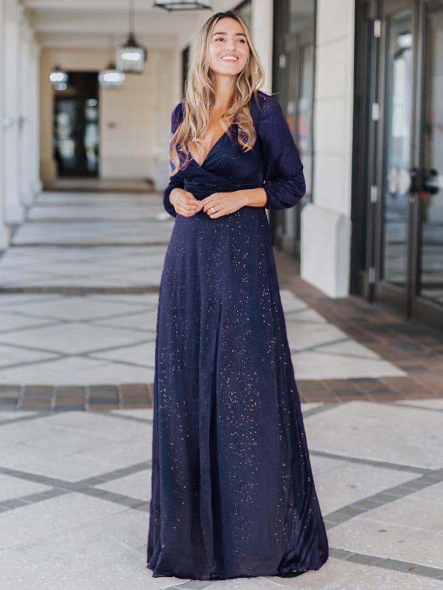 Women's Sexy Long Sleeve V-Neck Shiny Evening Dress #color_Navy Blue