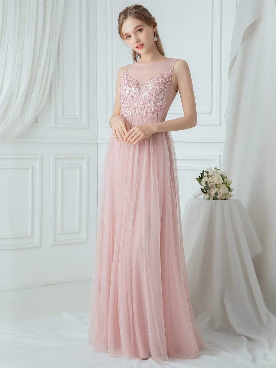 Elegant See Through Round Neck Applique Tulle Bridesmaid Dress #color_Pink 