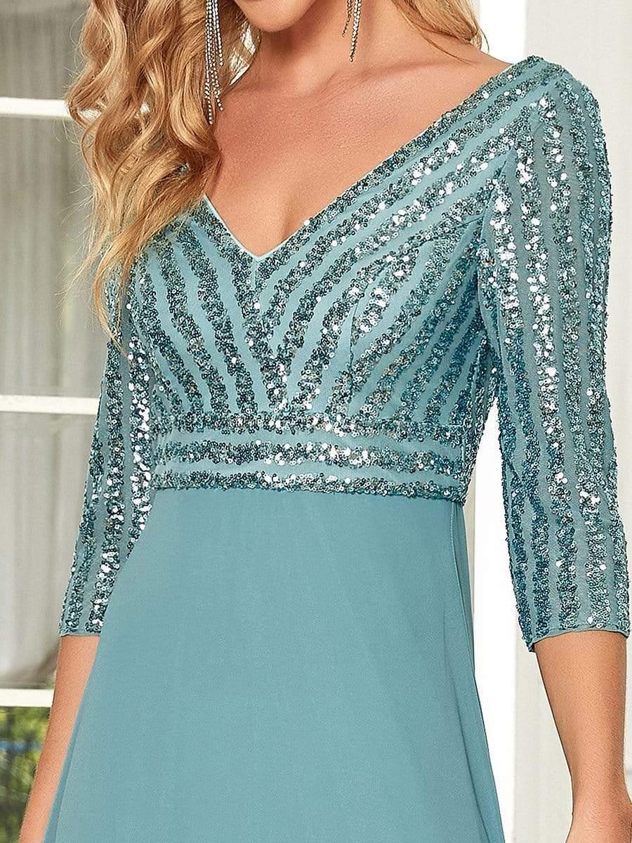 Sexy V Neck Sequin Evening Dresses with 3/4 Sleeve #color_Light Teal