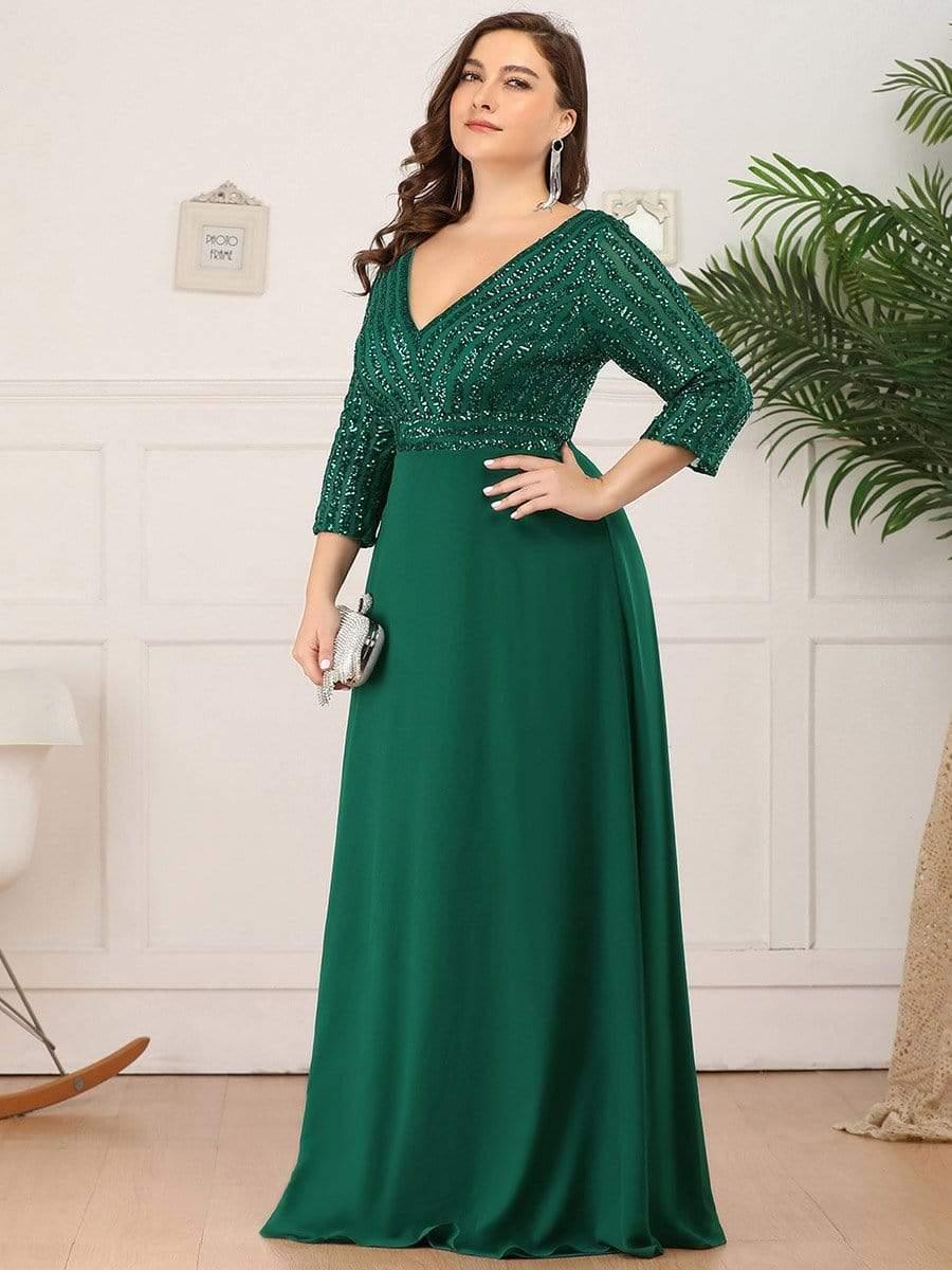 Custom Size V Neck A-Line Sequin Formal Evening Dress with Sleeve