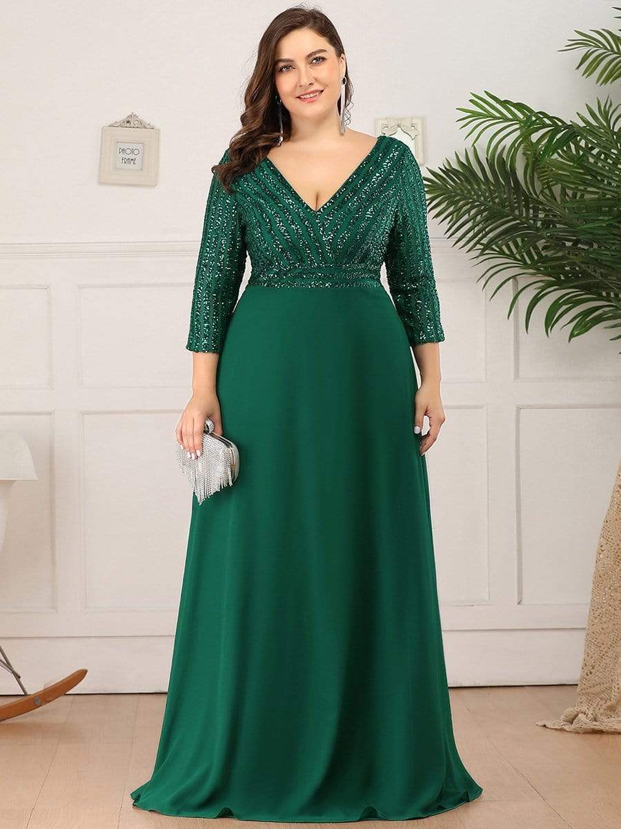 Plus Size V Neck A-Line Sequin Formal Evening Dress with Sleeve #color_Dark Green