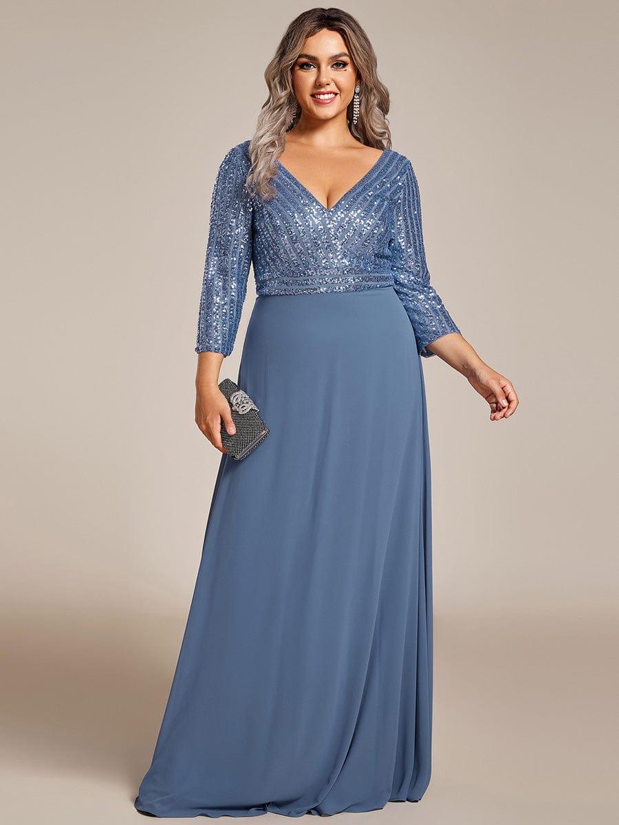 Plus Size V Neck A-Line Sequin Formal Evening Dress with Sleeve #color_Dusty Blue