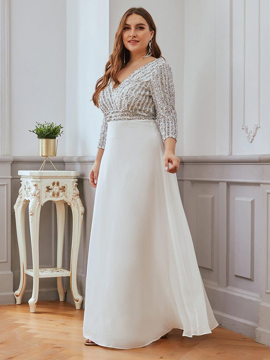 Custom Size V Neck A-Line Sequin Formal Evening Dress with Sleeve #color_Navy Blue Custom Size V Neck A-Line Sequin Formal Evening Dress with Sleeve