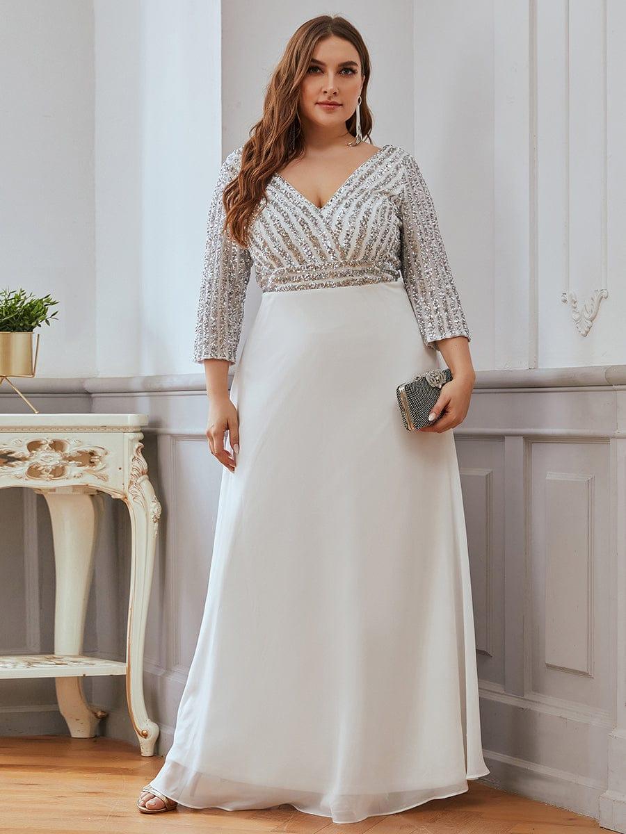 Custom Size V Neck A-Line Sequin Formal Evening Dress with Sleeve #color_Navy Blue Custom Size V Neck A-Line Sequin Formal Evening Dress with Sleeve