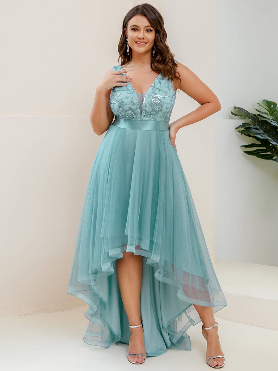 Custom Size High-Low Deep V Neck Tulle Prom Dresses with Sequin Appliques