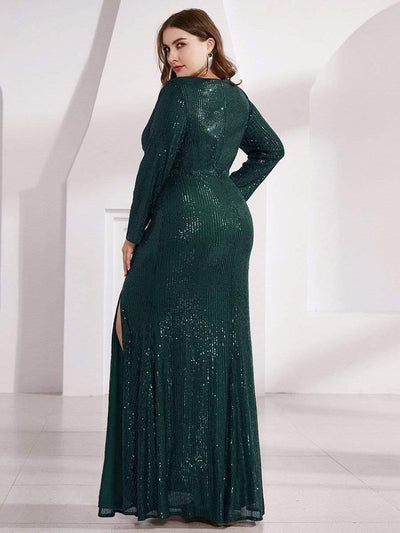 Plus Size Sexy Deep V-Neck Sequin Bodice Formal Evening Gowns #color_Dark Green