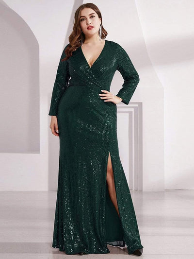 Plus Size Sexy Deep V-Neck Sequin Bodice Formal Evening Gowns #color_Dark Green