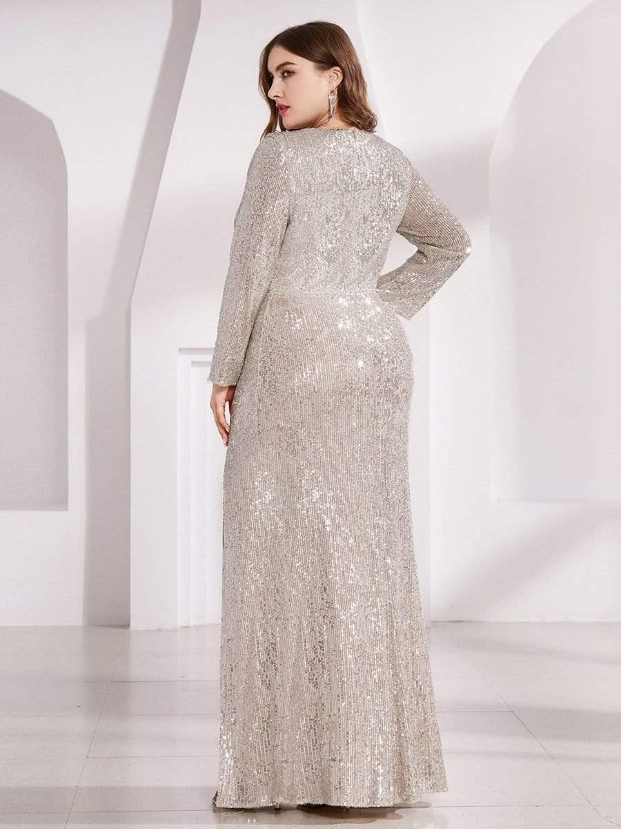 Shiny V Neck Sequin Long Sleeves Evening Dress #color_Champagne