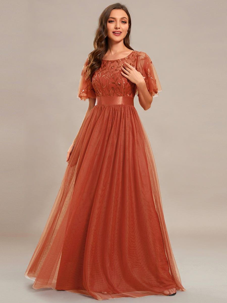 Women's A-Line Short Sleeve Embroidery Floor Length Evening Dresses #color_Burnt Orange