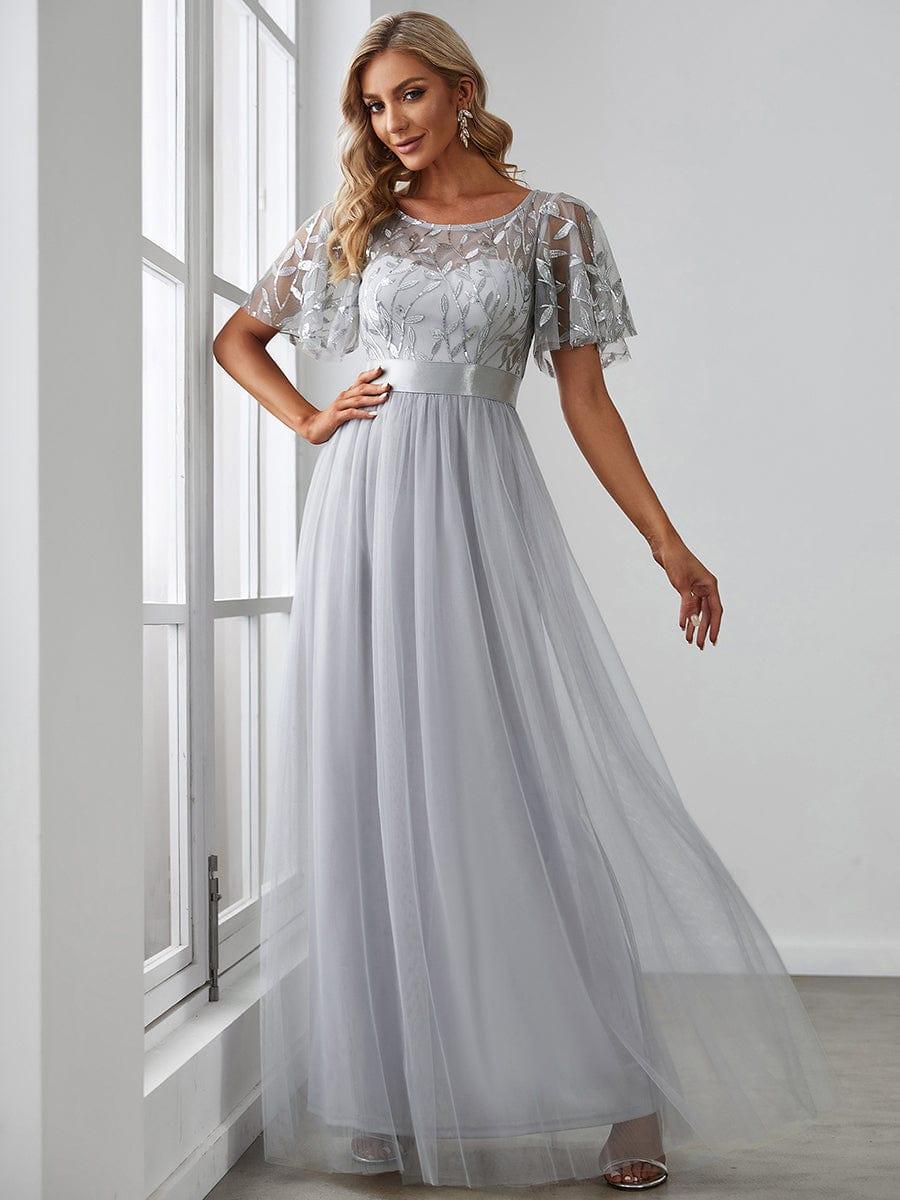 Women's A-Line Short Sleeve Embroidery Floor Length Evening Dresses #color_Grey