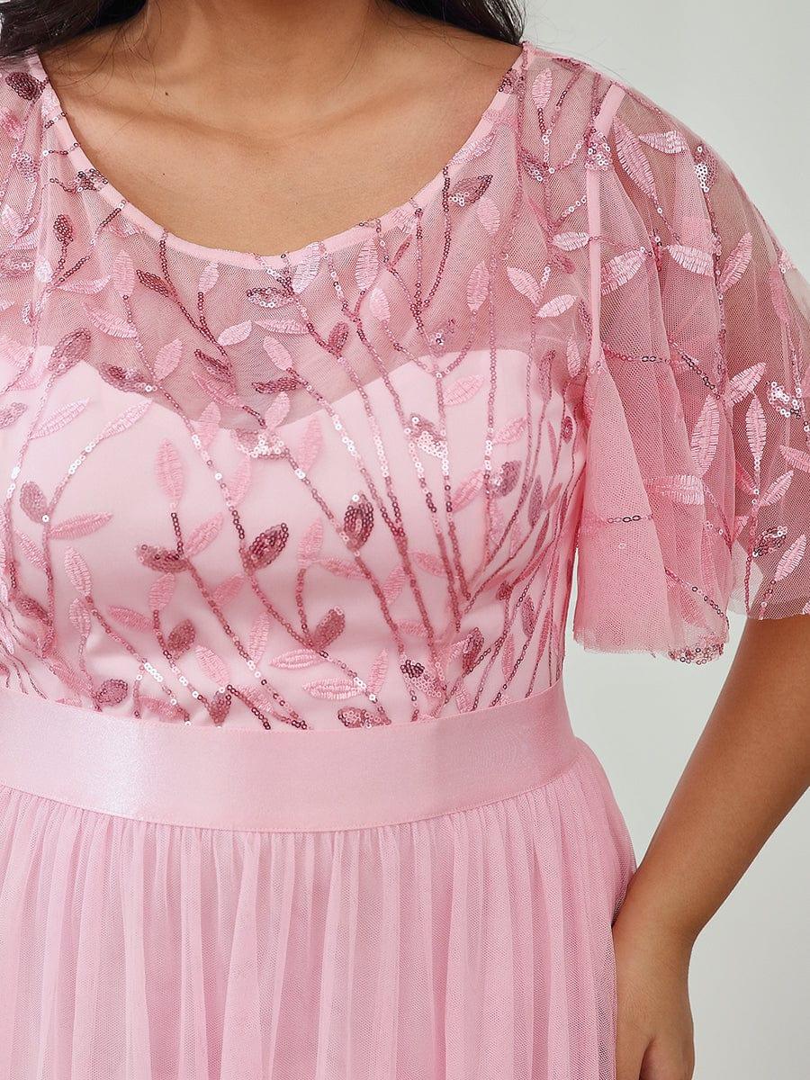 Women's A-Line Short Sleeve Embroidery Floor Length Evening Dresses #color_Pink