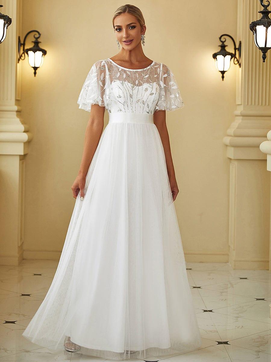 Women's A-Line Short Sleeve Embroidery Floor Length Evening Dresses #color_White