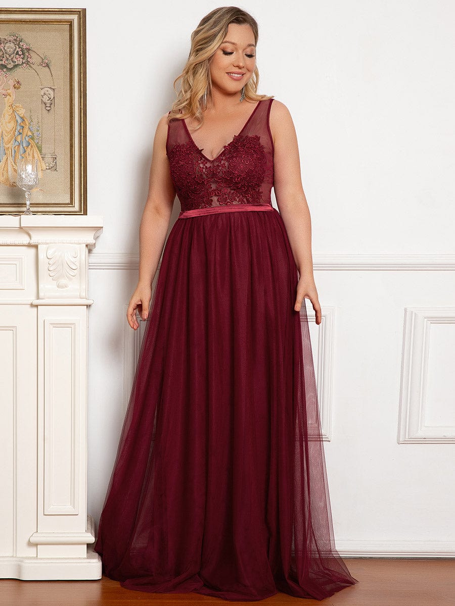 Custom Size A-Line V-Neck Floral Lace Appliques Bridesmaid Dress #color_Burgundy