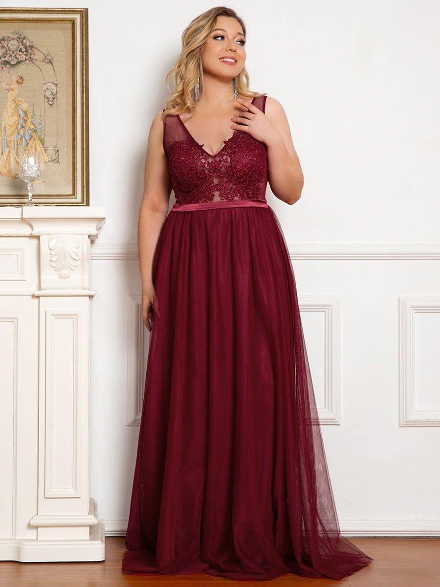 Soft Spaghetti Straps V-Neck Embroidery Evening Dress #color_Burgundy
