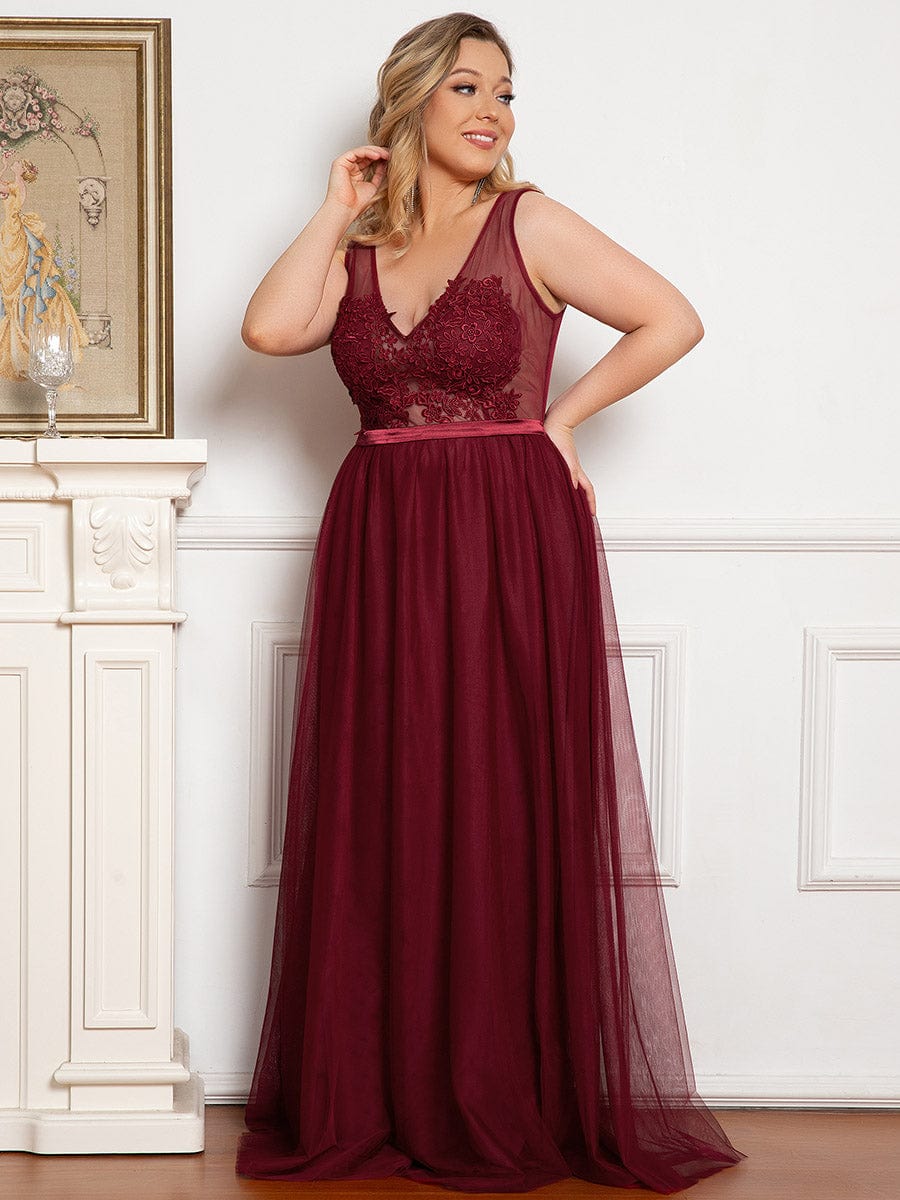 Custom Size A-Line V-Neck Floral Lace Appliques Bridesmaid Dress #color_Burgundy Custom Size A-Line V-Neck Floral Lace Appliques Bridesmaid Dress