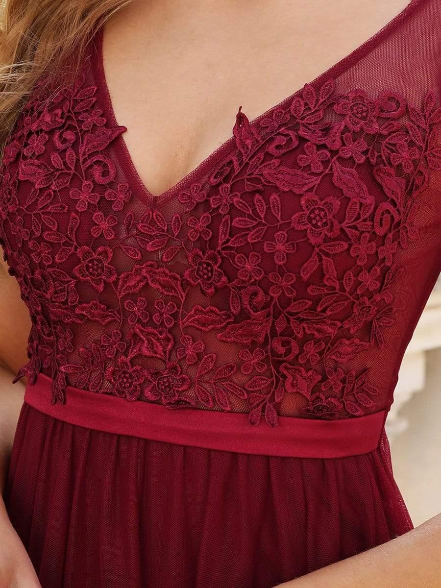 Soft Spaghetti Straps V-Neck Embroidery Evening Dress #color_Burgundy