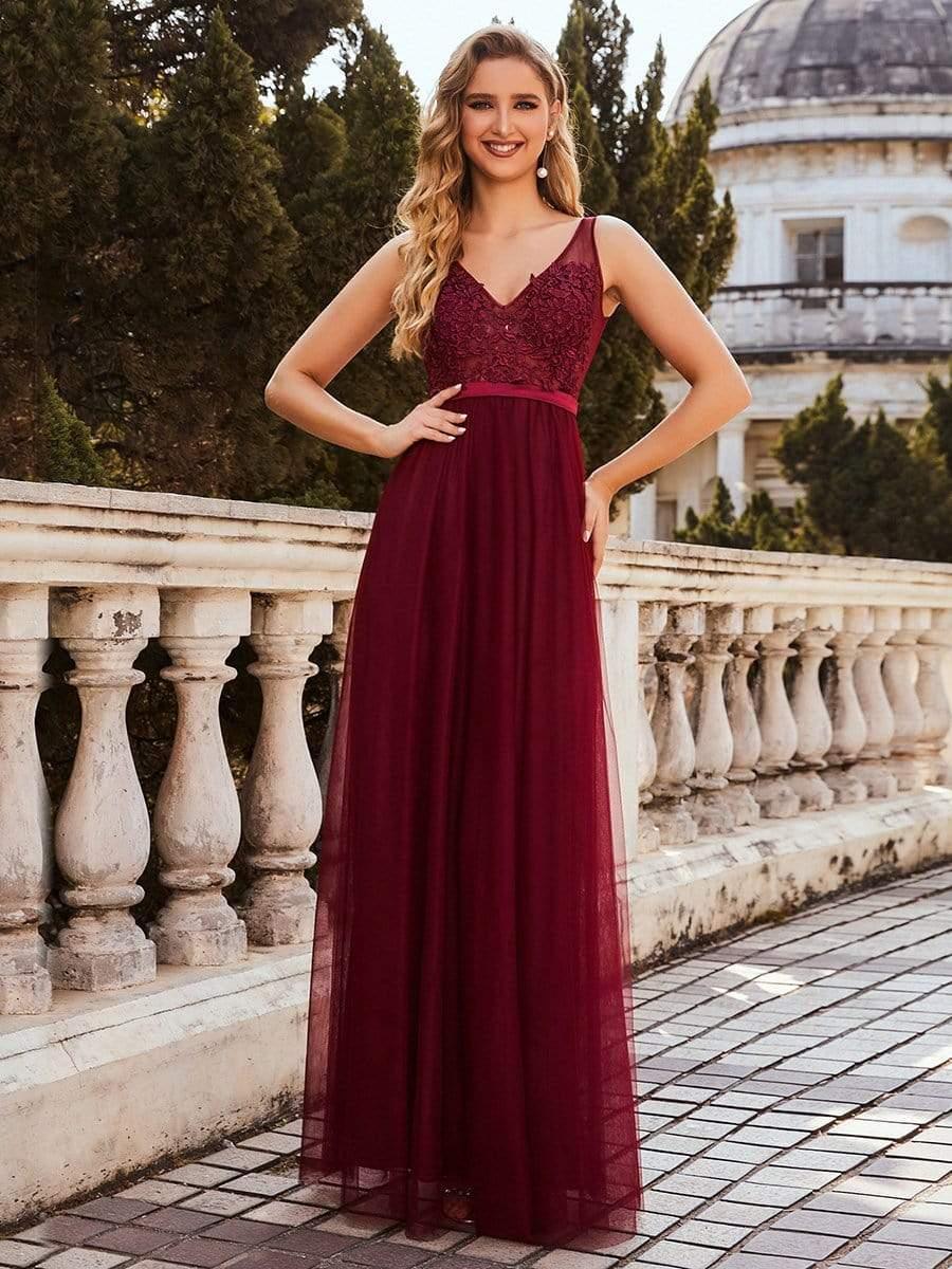 Soft Spaghetti Straps V-Neck Embroidery Evening Dress #color_Burgundy