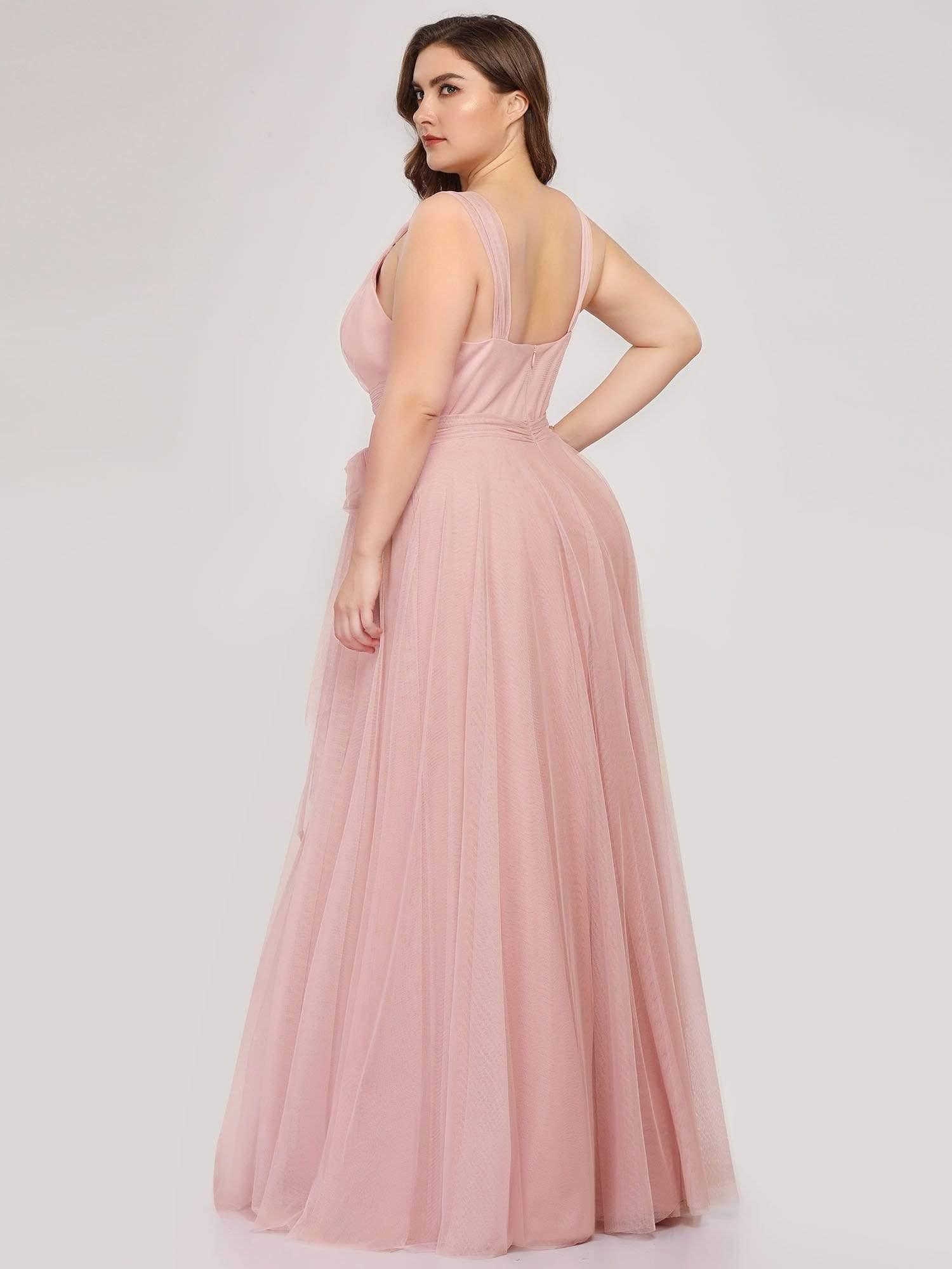 Plus Size Double V Neck Maxi Tulle Bridesmaid Dress #color_Blush
