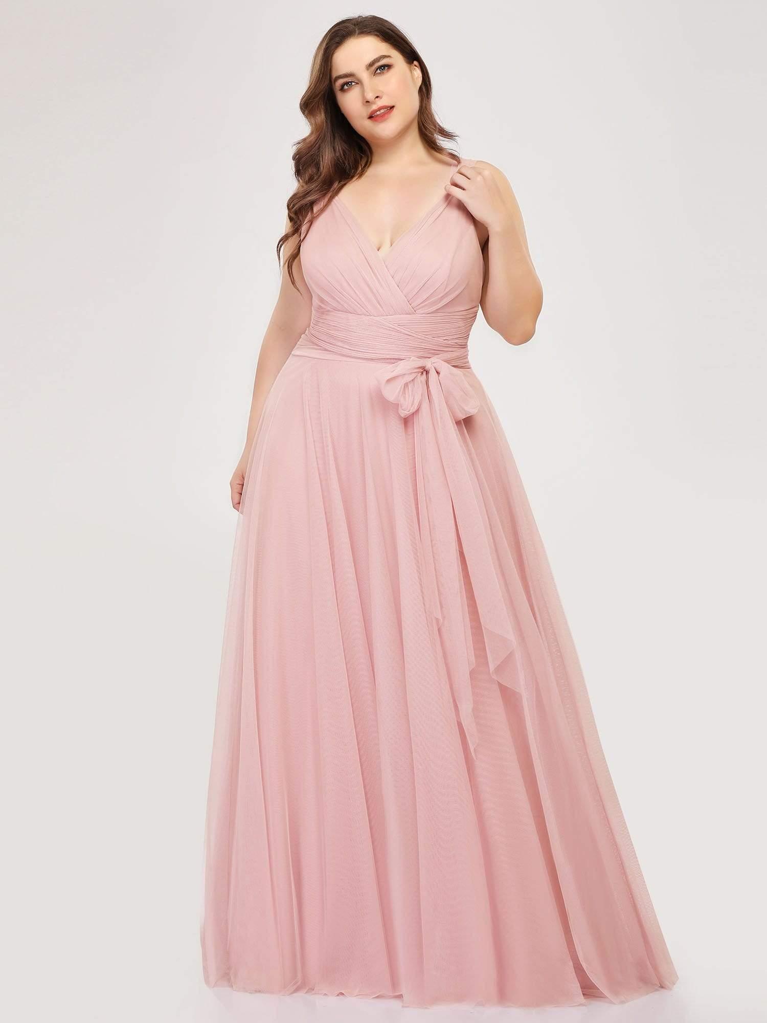 Plus Size Double V Neck Maxi Tulle Bridesmaid Dress #color_Blush