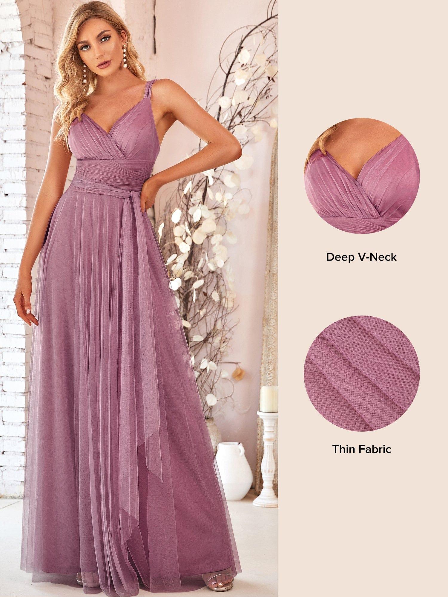 Floor Length Double V Neck Tulle Bridesmaid Dresses #color_Purple Orchid