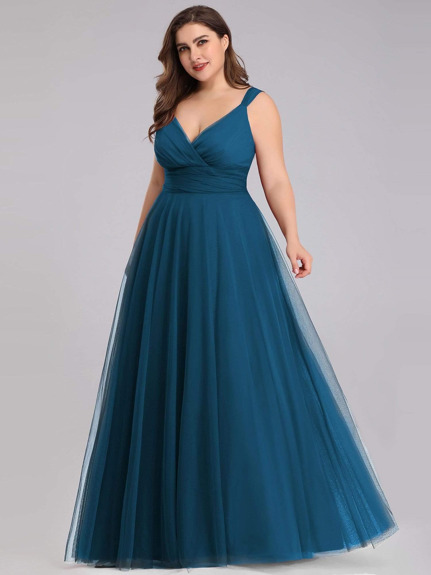 Plus Size Double V Neck Maxi Tulle Bridesmaid Dress #color_Teal