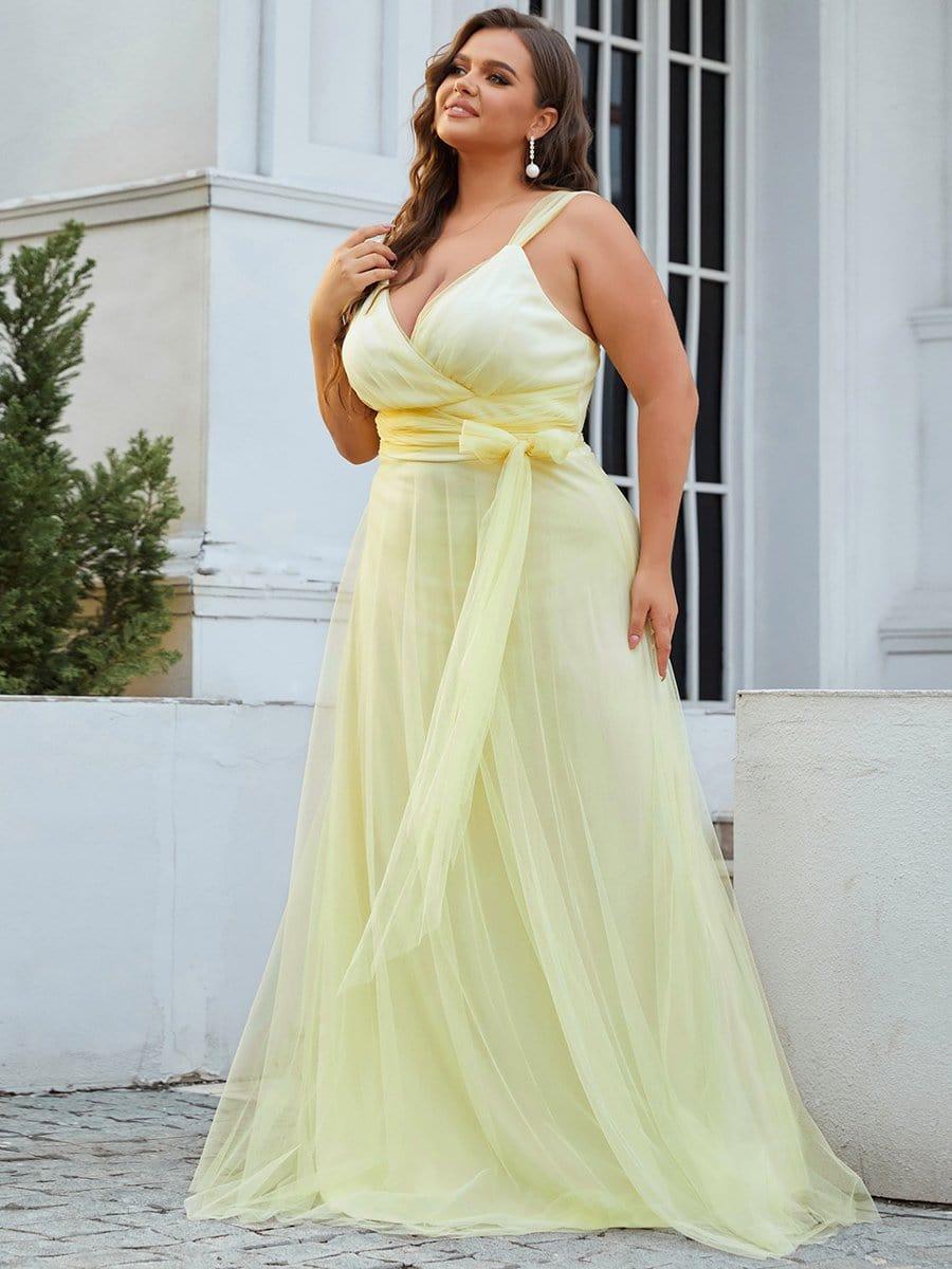 Plus Size Double V Neck Maxi Tulle Bridesmaid Dress #color_Yellow