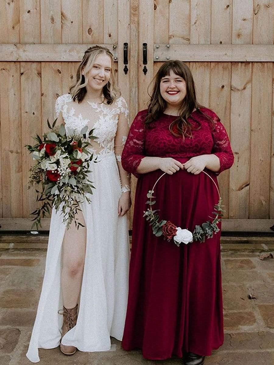Simple Plus Size Lace Evening Dress with Half Sleeves #color_Burgundy