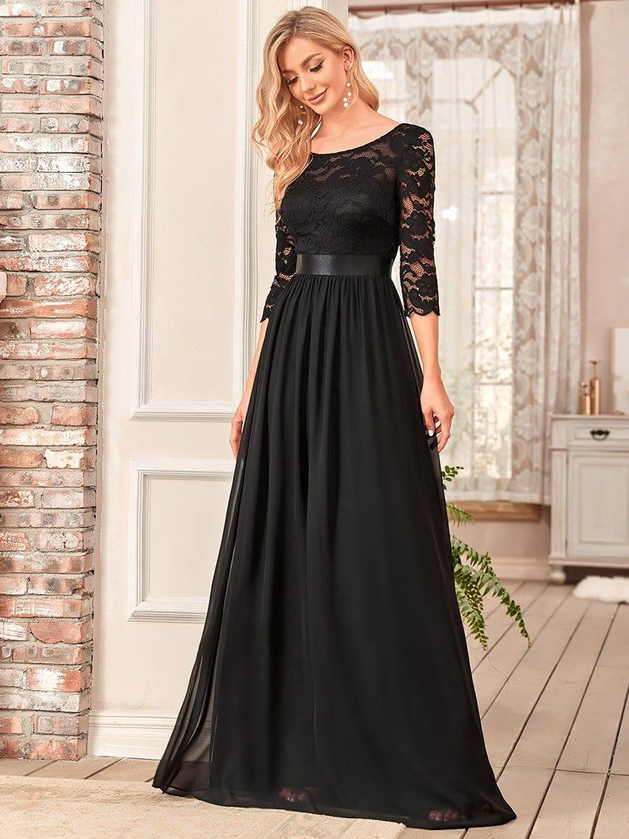 See-Through Floor Length Lace Chiffon Evening Dress with Half Sleeve #color_Black