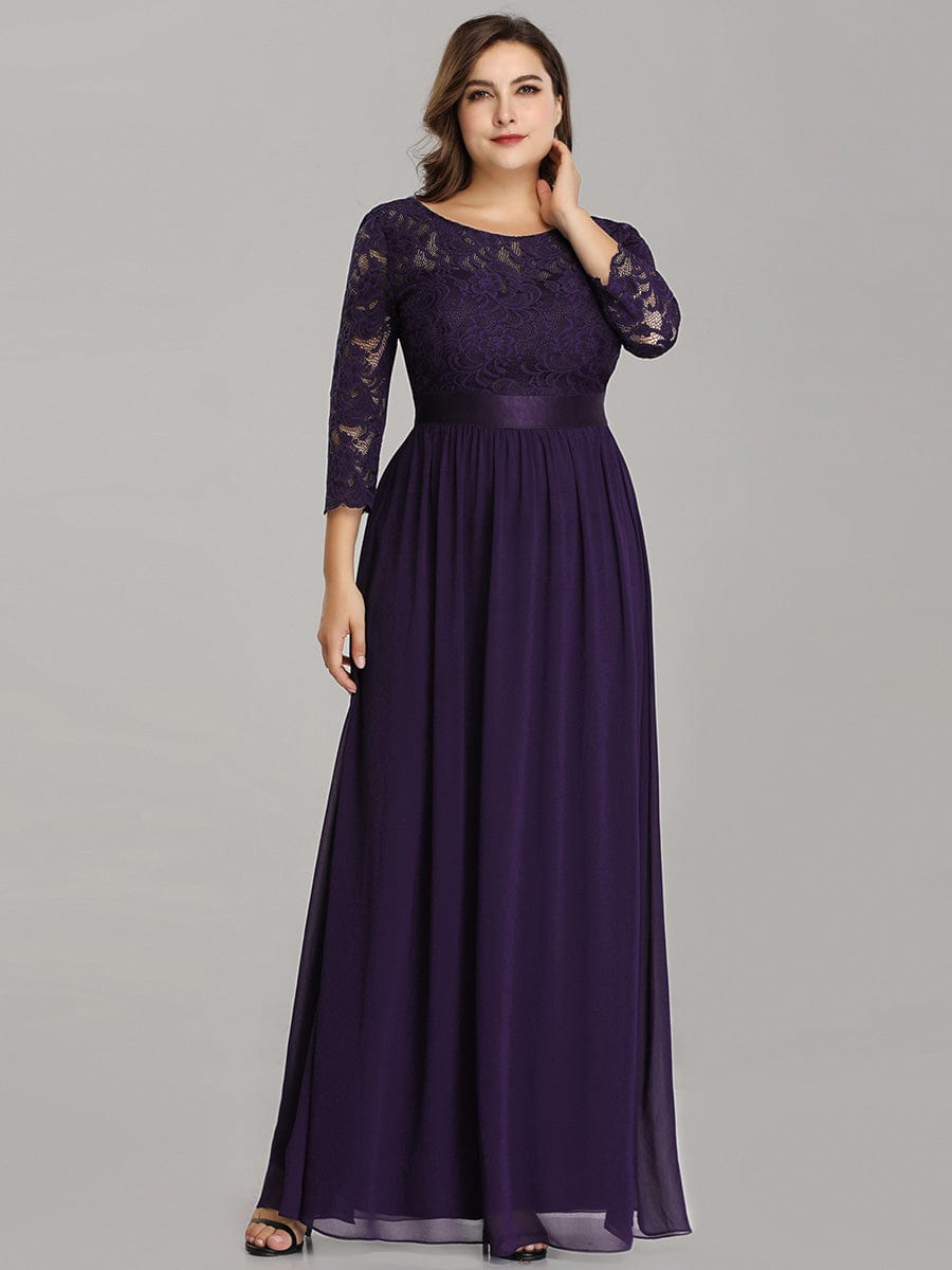 Custom Size See-Through Maxi Lace Evening Dress with Half Sleeve #color_Dark Purple