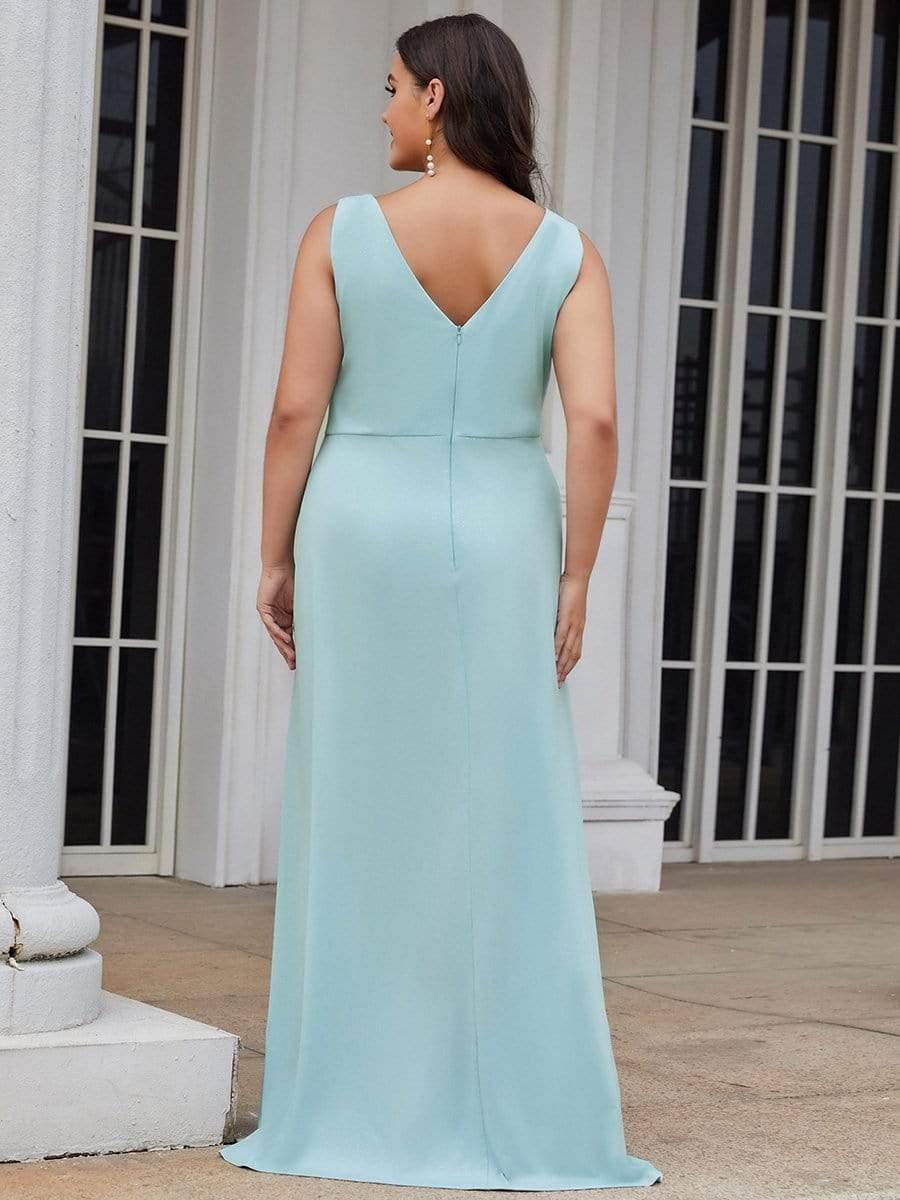 Floor Length V Neck Shiny Evening Dress with Side Split #color_Sky Blue