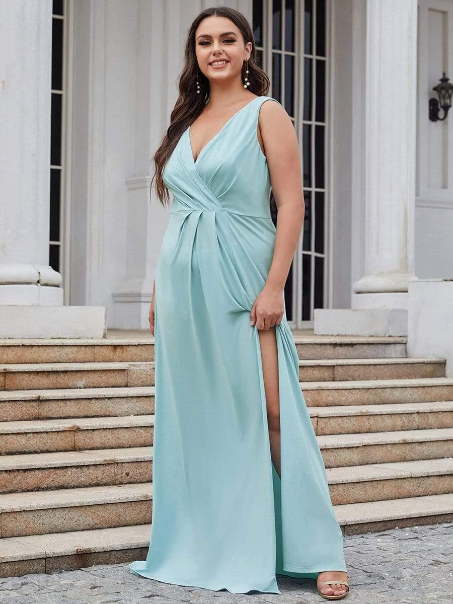 Floor Length V Neck Shiny Evening Dress with Side Split #color_Sky Blue