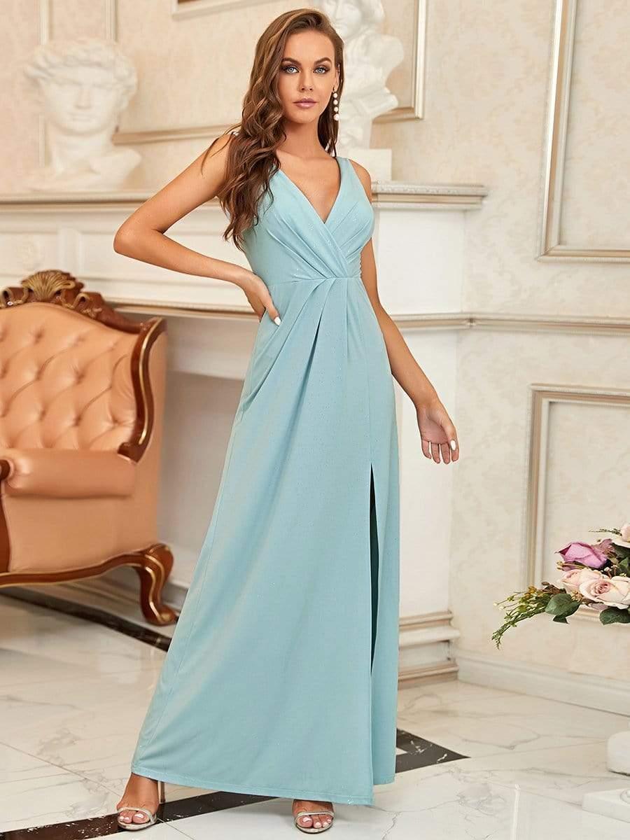 Floor Length V Neck Shiny Evening Dress with Side Split #color_Sky Blue