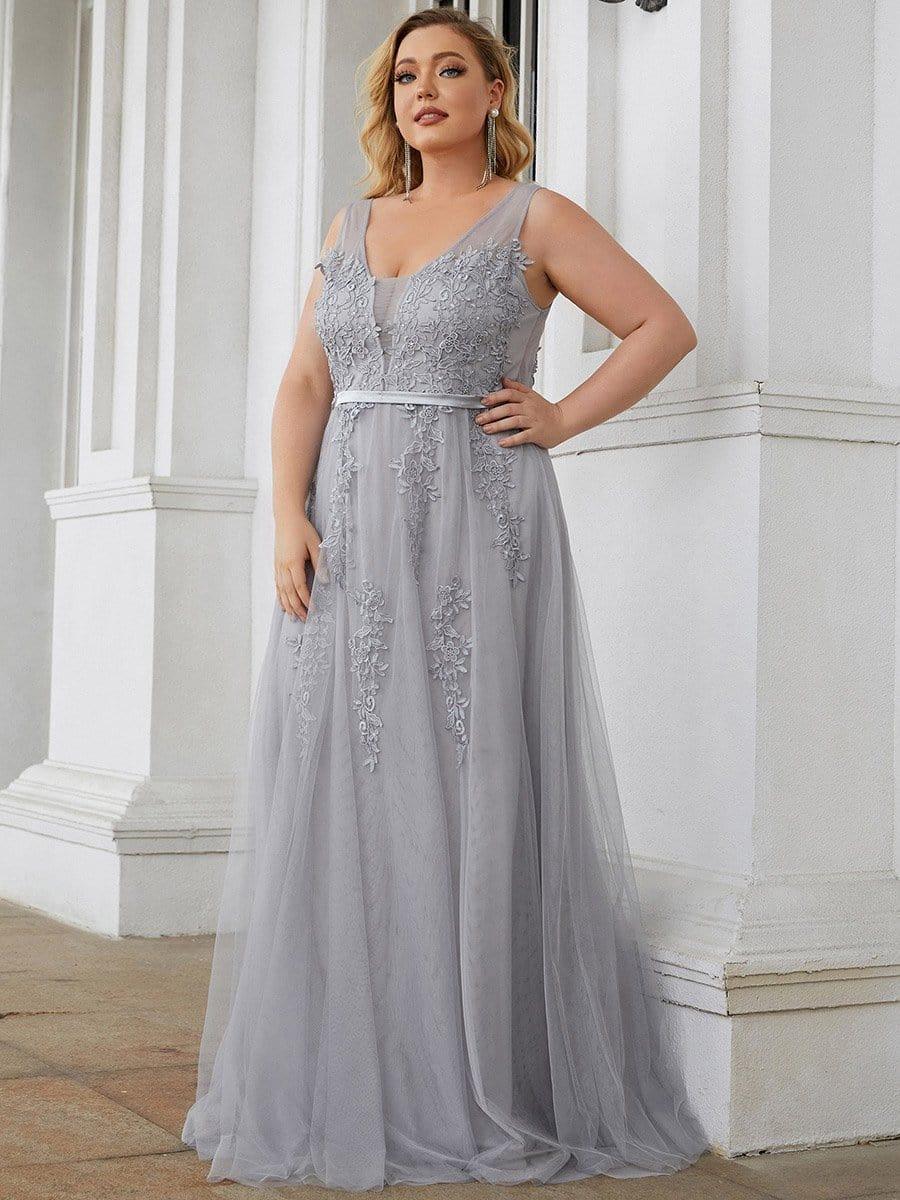 Plus Size Maxi Long Ethereal Tulle Formal Evening Dress #color_Grey