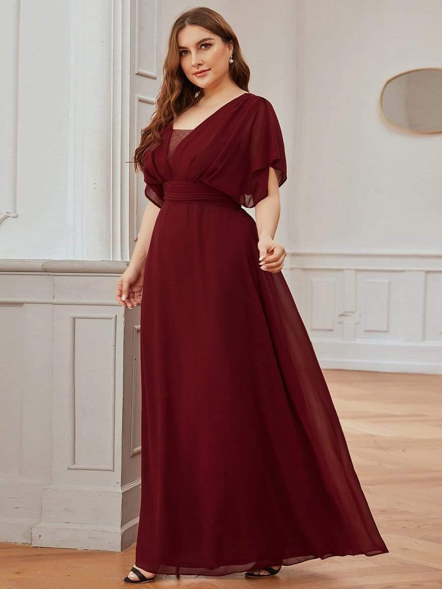 Plus Size Empire Waist Chiffon Formal Maxi Evening Dress #color_Burgundy