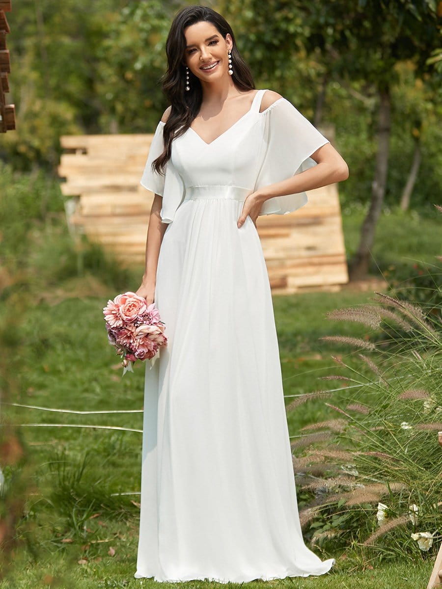 Double V Neck Cold Shoulder Flowy Chiffon Outdoor Wedding Dress