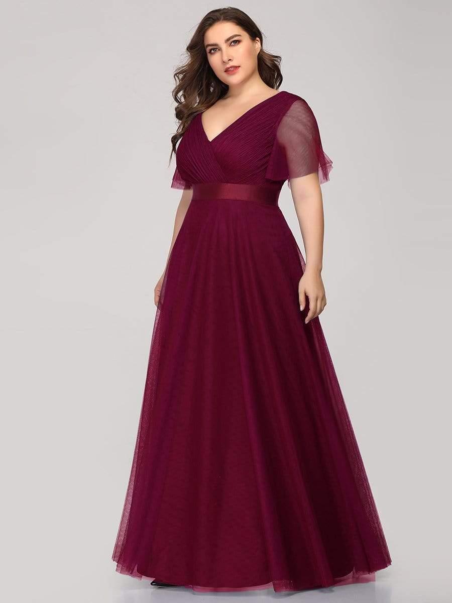 Women's Floor-Length Plus Size Formal Bridesmaid Dress with Short Sleeve #color_Burgundy