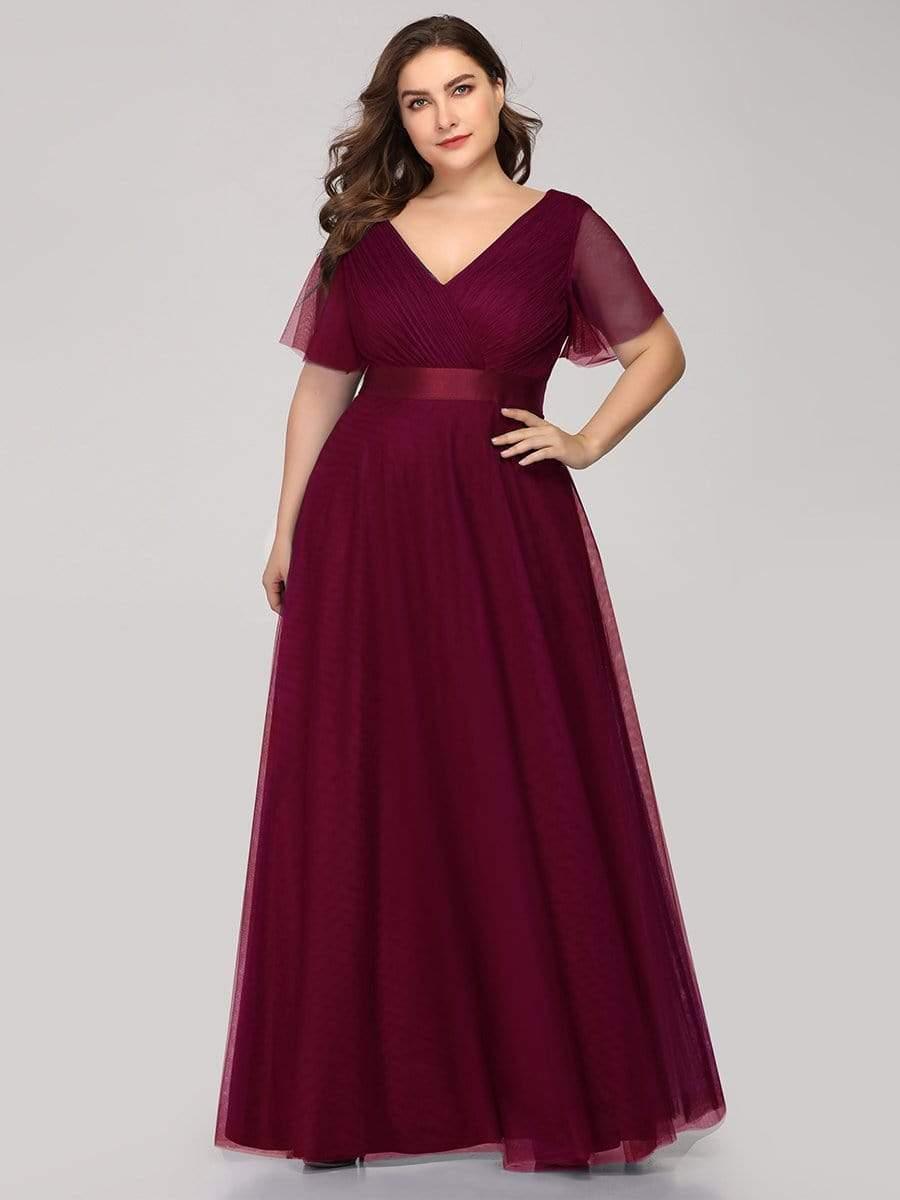 Women's Floor-Length Plus Size Formal Bridesmaid Dress with Short Sleeve #color_Burgundy