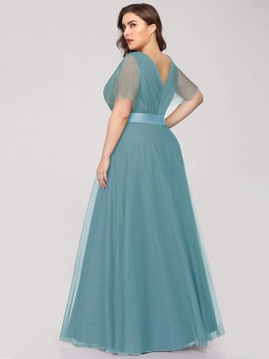 Double V-Neck Floor-Length Short Sleeve Tulle Bridesmaid Dresses #color_Light Teal
