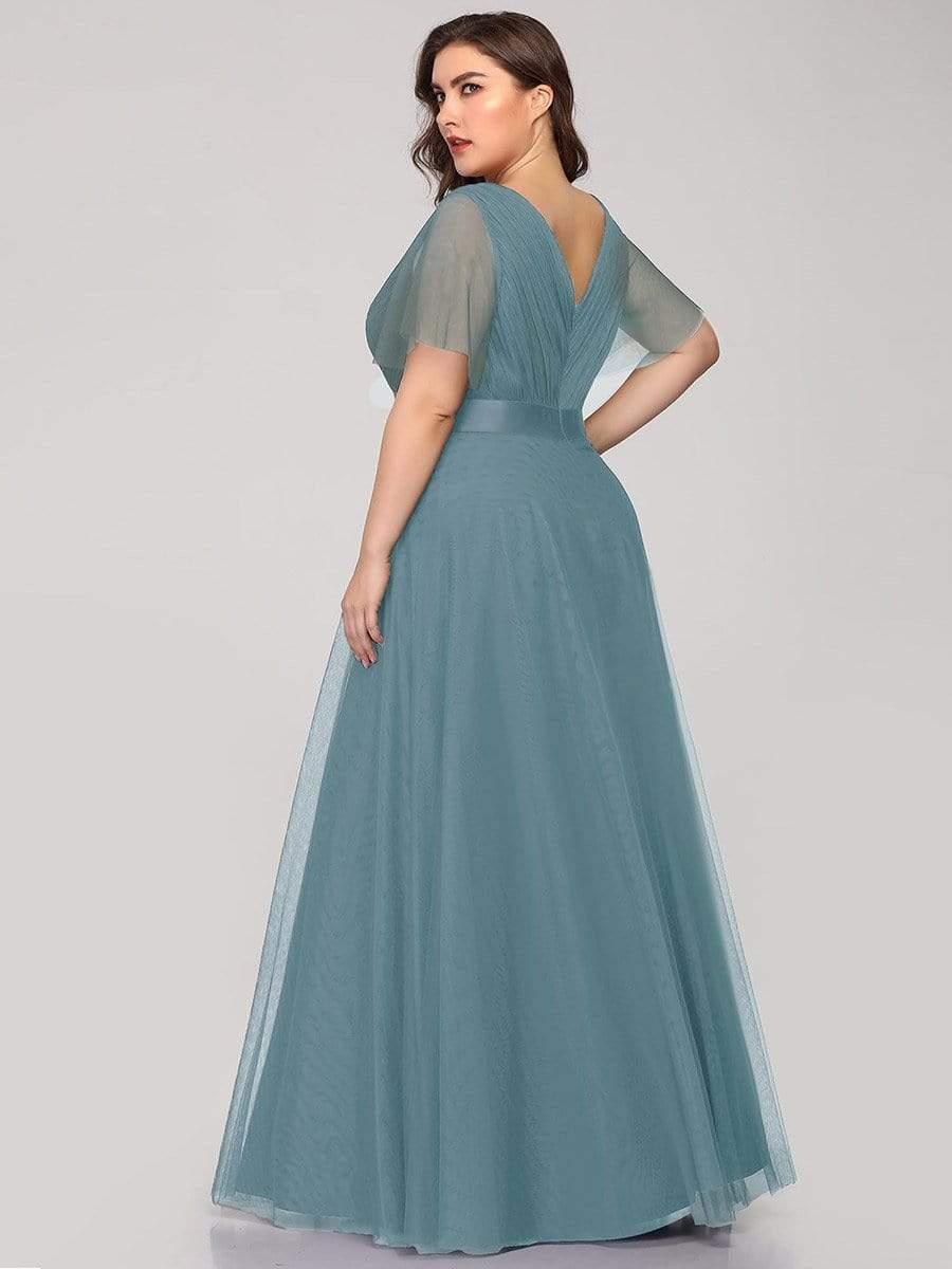 Women's Floor-Length Plus Size Formal Bridesmaid Dress with Short Sleeve #color_Light Teal