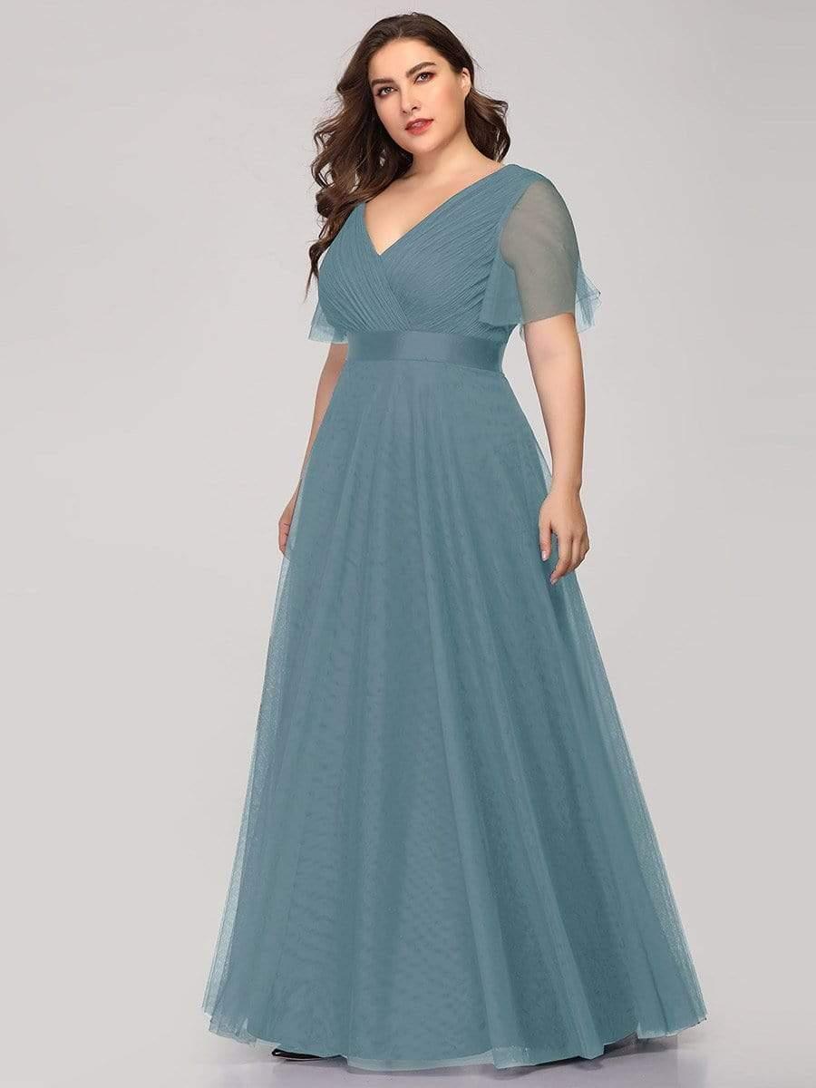 Women's Floor-Length Plus Size Formal Bridesmaid Dress with Short Sleeve #color_Light Teal