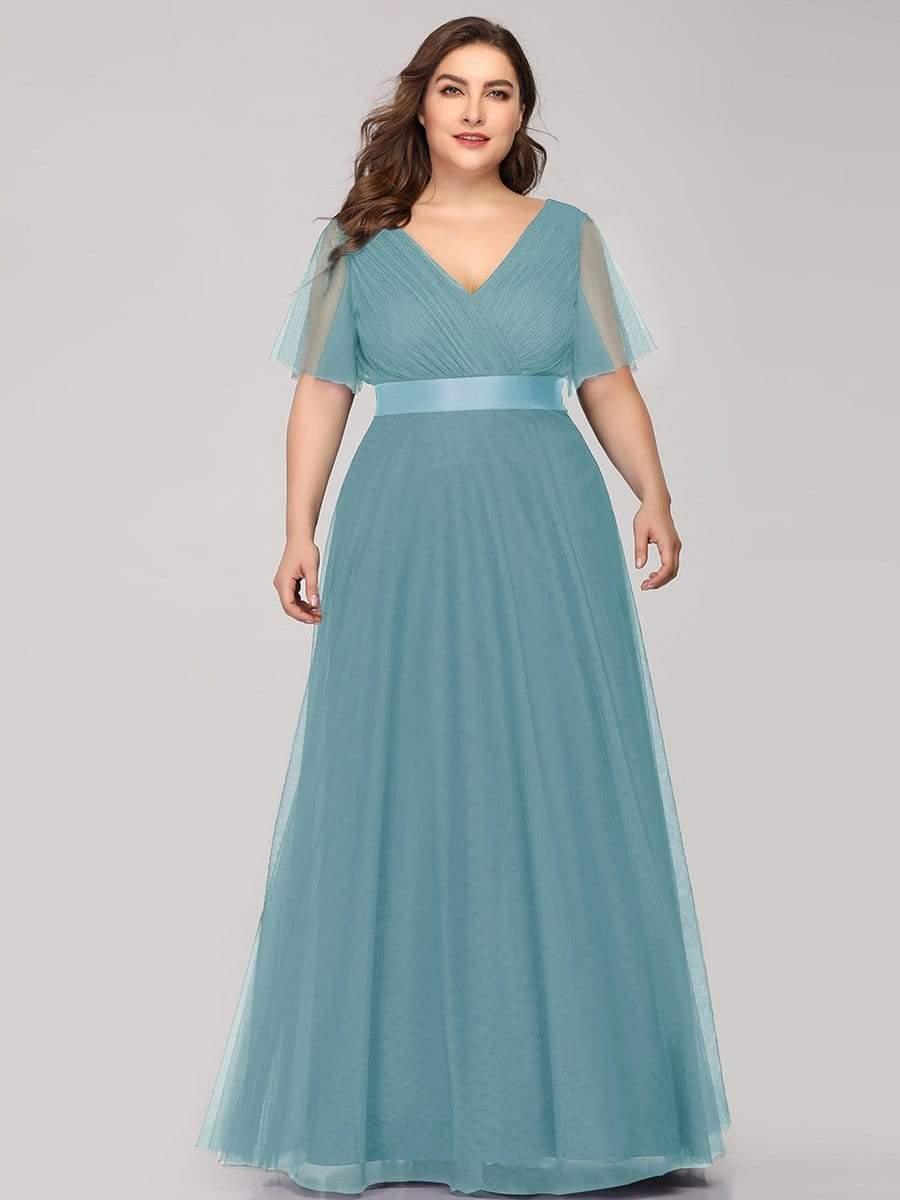 Double V-Neck Floor-Length Short Sleeve Tulle Bridesmaid Dresses #color_Light Teal