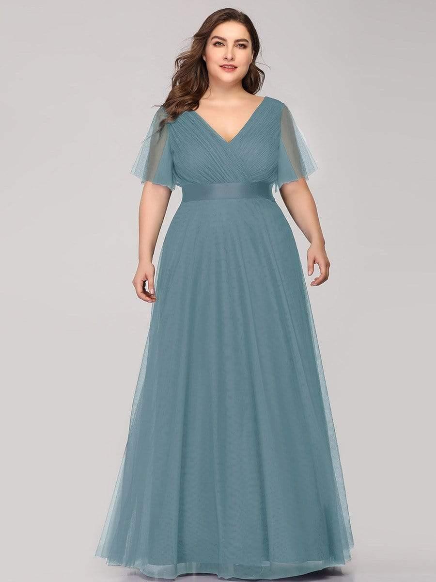 Women's Floor-Length Plus Size Formal Bridesmaid Dress with Short Sleeve #color_Light Teal