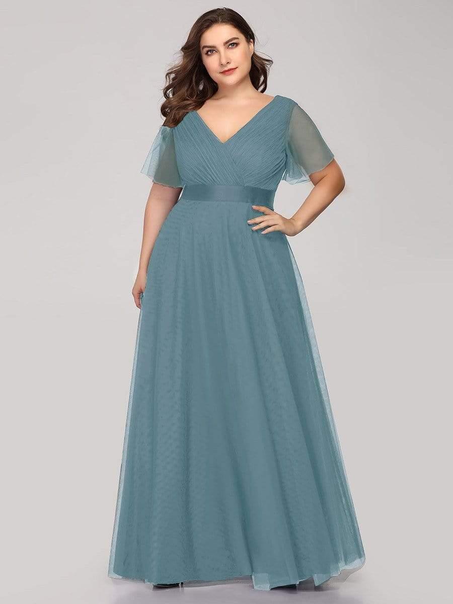 Women's Floor-Length Plus Size Formal Bridesmaid Dress with Short Sleeve #color_Light Teal